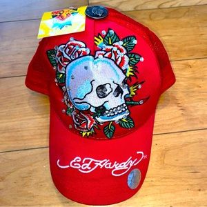 NEW Ed Hardy Red Mesh Snap Back Skull Rose Embroidered Trucker Hat Embellished